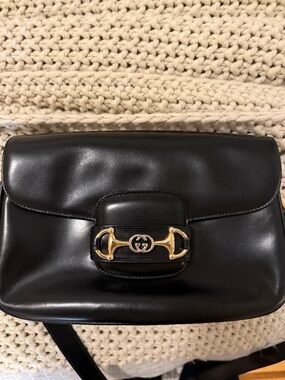 Gucci Black Leather Shoulder Bag with Gold Horsebit Accent